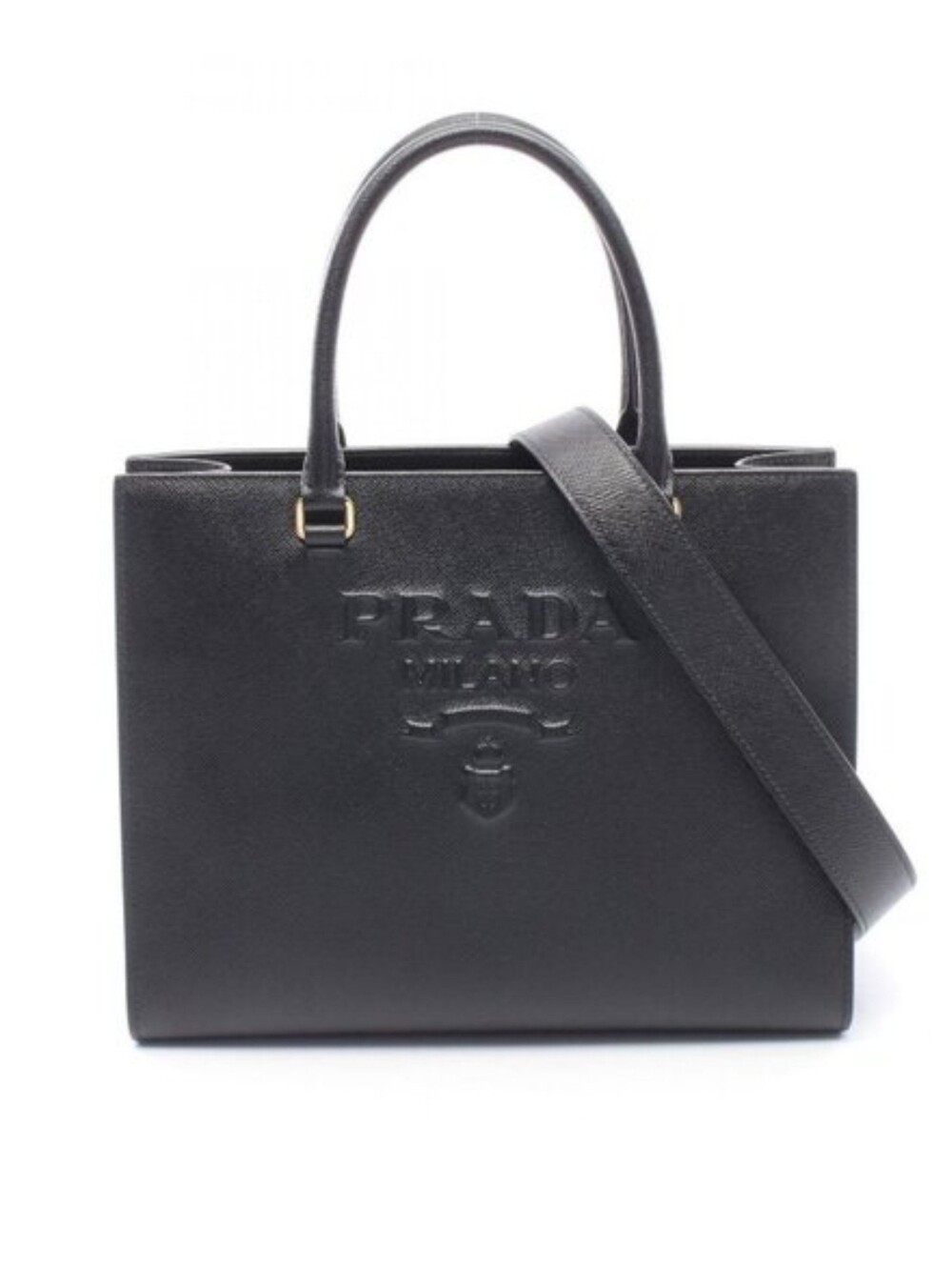 Luxury Authentic Prada Saffiano Milano Black Handbag with Shoulder Strap"